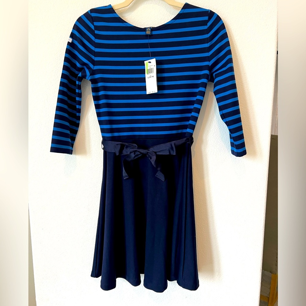 Ralph Lauren Polo Girls Navy Striped Ponte Knit Dress with Bow Belt L 12-14 NWT